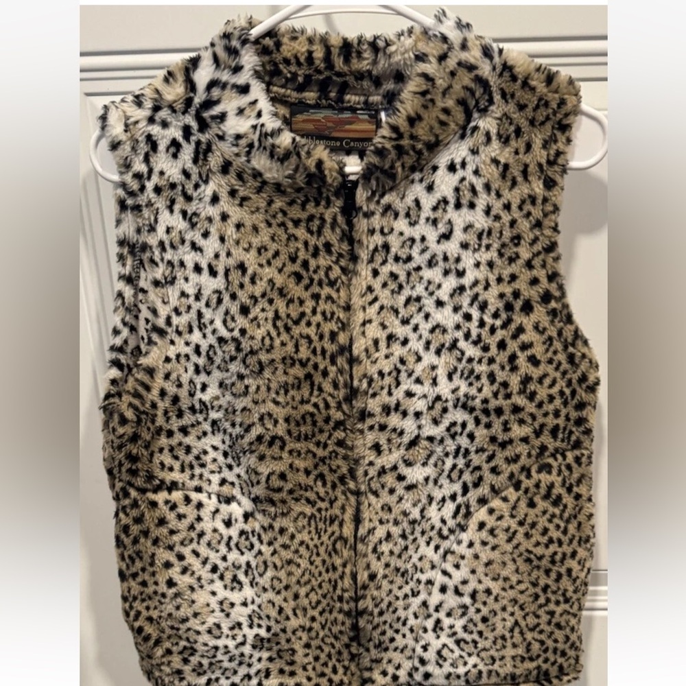 VTG Cobblestone Canyon Women SZ L Zip Vest Velour Cheetah Leopard Print Outdoor